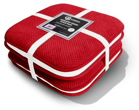 Casabella Memory Foam Chair Cushion Non Slip Back, Round Square Honeycomb Pattern Set of 4 Chair Pads, Durable Seat Cushions for Dinning Chairs, Office Desk & Patio-16x16 Red Memory Foam Seat Cushion