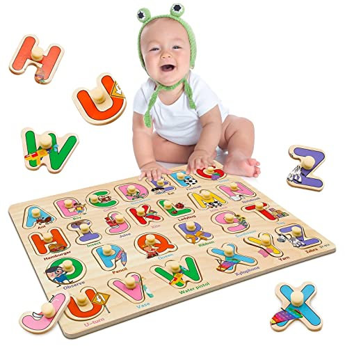 Govvay Wooden Peg Puzzles for 1 2 3 Year Olds, Educational Learning Kids Toys for Girls Boys Gifts, Birthday, Christmas, Easter and Children's Day (Alphabet)