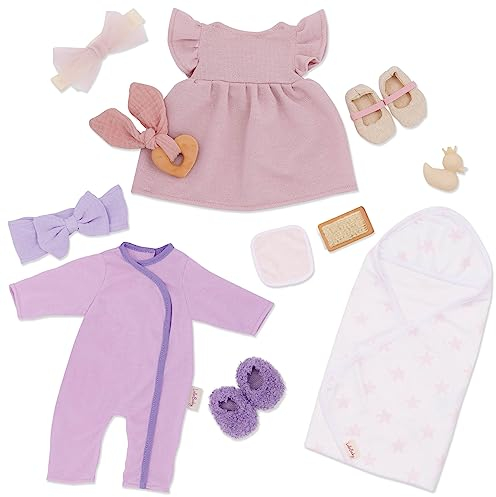 LullaBaby - Baby-Puppen-Kleidungsset - 13-teiliges Mode-Set - Baby-Puppen-Kleidung - Pyjama, Kleid & Badezubehör - Fantasievolles Spiel - Spielzeug für Kinder ab 2 Jahren