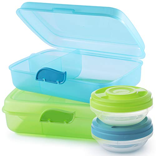 Brotdosen Kinder mit Fächern, Lunchbox, 2 Stück+2 Schraubdeckeldosen, Brotdose Kinder mit Clickverschluss, Bento Box, Brotzeitbox, Frühstücksbox, ohne BPA+Weichmacher, 100% recyclebar, Model Lea