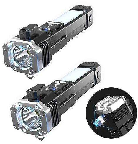 Car Flashlight Multifunctional Torch, Camping Torches LED Super Bright Rechargeable, 12000 Lumens Special Forces Strong Light Flashlight with Safety Hammer [Energy Class A+++] (Silver 2pcs)