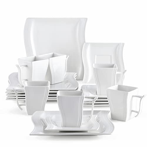 MALACASA 18 Piece Dinner Set with Cups and Saucers Porcelain for Breakfast Afternoon Tea Flora Series Ivory White