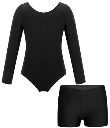 JanJean Kinder Mädchen Turnanzug Langarm Ballettbody mit Sport Shorts Ballettanzug Turnbody Sport Trikotanzug Gymnastik Trikot Leotards Tanzanzug Schwarz 128-134