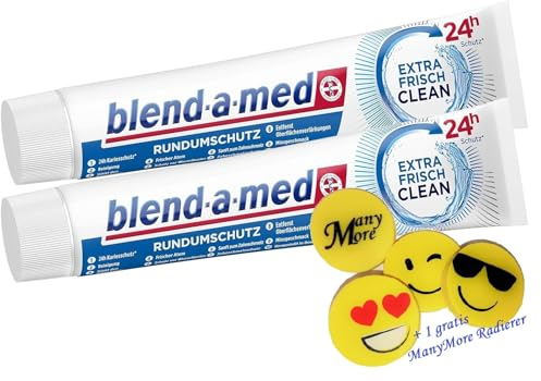 2 x Blend-a-med Extra Frisch Clean Rundumschutz Zahnpasta - je 75ml - Zahncreme + 1 gratis ManyMore Radierer