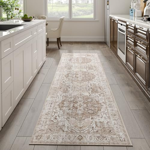 TOPICK Läufer 60x300cm Braun Area Teppich Wohnzimmerteppich Vintage Multi Blumendruck rutschfest Dünner Waschbar Teppich Bodenbelag Faltbar für Innenbereich Büro Schlafzimmer Küche