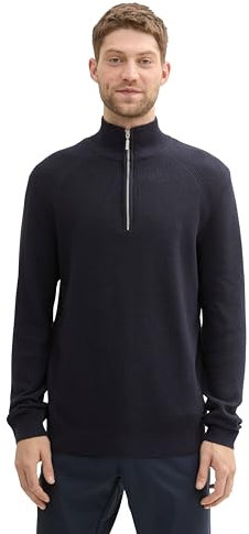 TOM TAILOR Herren Troyer Strickpullover aus Baumwolle, 13160 - Knitted Navy Melange, L