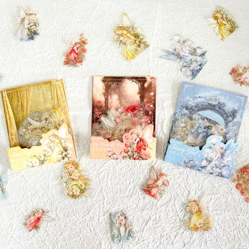 Arpaper Scrapbooking Stickers Set 90pcs Scrapbook Zubehör Aufkleber Mädchen Vintage Stickers Aesthetic Blumen,Schmetterlinge,Feen Sticker für Fotoalbum,Scrapbooking,Calendar,DIY,Laptop(Flower Elf 2)
