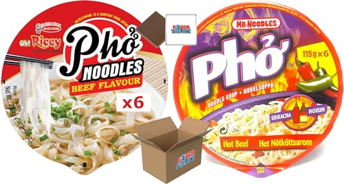 Pho Noodles Mixed Beef: Mr Noodles Hot Beef Noodle Soup (6x115g) + Oh Ricey Noodles Beef Flavour (6x71g) Boxed Treatz