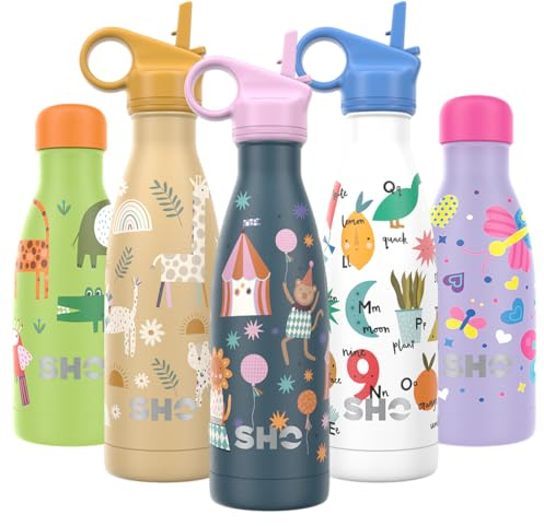 SHO Kinderflasche – Original 2.0 – ultimative isolierte, doppelwandige Edelstahl-Vakuumflasche und Wasserflasche – 12 Stunden heiß und 24 Stunden kalt – 260 ml – BPA-frei (375 ml, Zirkustiere mit Stro
