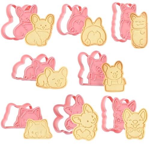 Bigqin 8PCS Dog Cookie Cutters Set 3D Cookie Mold Plastic Cookie Stampers with Cute Corgi Cartoon Shapes for Biscuit Fondant Snacks Cheese Baking