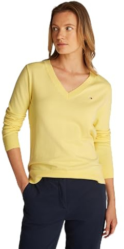 Tommy Hilfiger Damen Pullover Jersey V-Neck Strickpullover, Gelb (Citronella), S