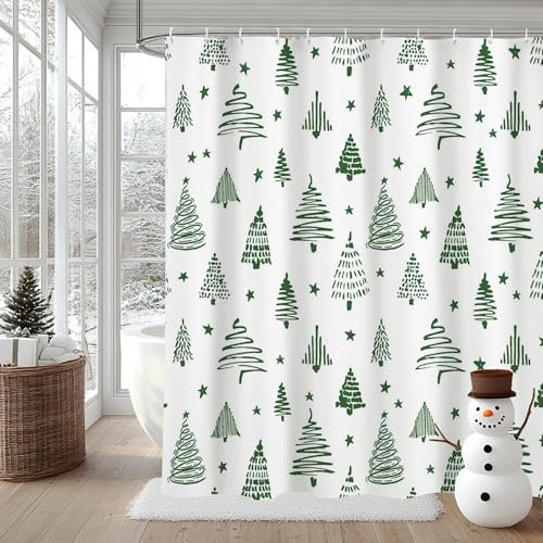 AIBIIN Duschvorhang mit Weihnachtsbaum, Sternen, für Badezimmer, Weihnachten, Urlaub, Heimdekoration, strapazierfähiges Polyester-Material mit 12 Haken, 180 x 180 cm, Grün