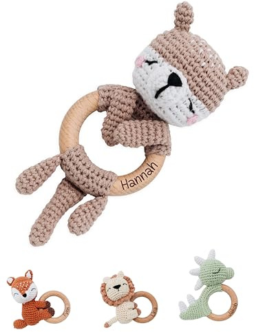 Bärenfreunde Greifling, Babyrassel, Beißring Baby personalisiert | Holz Rassel, Geschenk Geburt, Kuscheltier, Spielzeug für Mädchen und Jungen, Taufgeschenk mit Namen