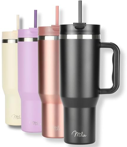 Milu Thermobecher 1200ml mit Strohhalm und Henkel – 48h Eis/24h kalt/12h heiß Edelstahl Tumbler 40oz mit Griff - Isolierbecher to go - Isolierflasche Trinkflasche doppelwandig isoliert (Schwarz, 1,2L)