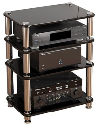 GUAWJRZDP 4-stufiger Hi Fi Regal, Audio Rack Hi Fi Regal Aus Gehärtetem Glas, Plattenspieler Regal Aus Edelstahl, Medienständer-Turm, Chwarz Audio Rack Hi Fi Regal(4-Tier)