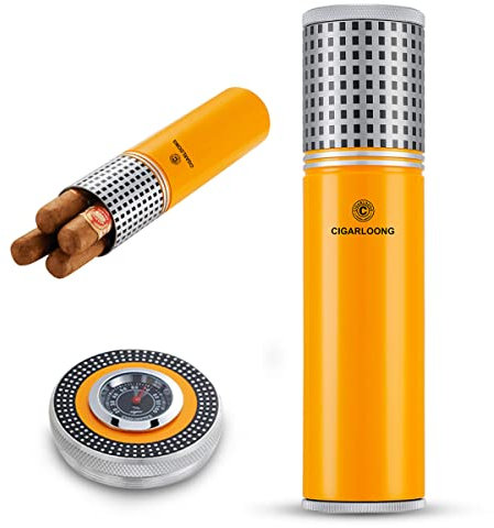 CIGARLOONG Zigarrenkoffer Tragbarer Zigarrenbefeuchter Eingebauter Luftbefeuchter und Hygrometer für 3-4 Zigarrenrohr (Gelb)