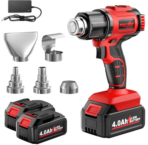 FULLYEA - Cordless heat gun with 2 4.0Ah batteries, 5 portable hot air gun nozzles, max 550℃ fast heating, 2 temperature setting, heat gun for