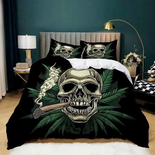 Schwarz Bedrucktes 3-teiliges Bettwäsche-Set 180 x 200 cm - Microfaser Bettbezug Mit Reißverschluss für Kinder und Erwachsene - Zigarettenschädel Muster - Bequem und Atmungsaktiv