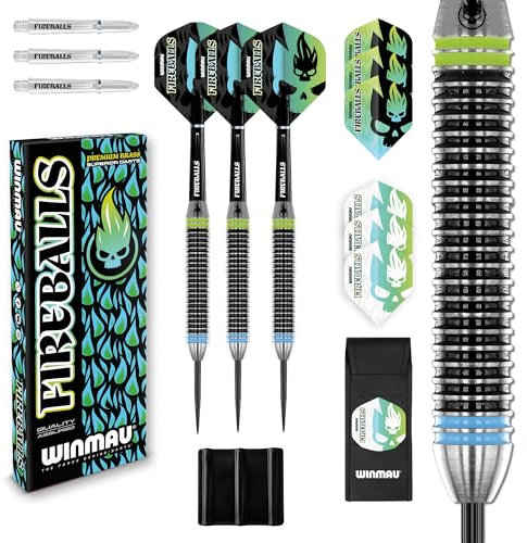 WINMAU Darts Fireball 22g Messing Steeldarts-Set mit Dart Flüge und Dart-Schäften (Stielen) inklusive Dart Geldbörse