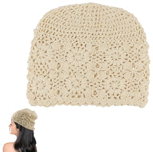 FERCAISH Häkelmütze Damen, Gehäkelte Baggy Mütze, Beanie-Mütze, Frauen Aushöhlen Gestrickt Hut, für Kopfumfang Frühling Sommer Herbst (Beige)