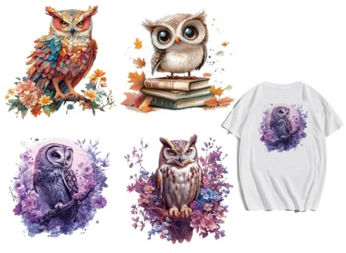 arricraft 4 Sheets Owl Iron on Decals Patches, Owl Flowers Iron on Stickers Owl Teacher Transfer Stickers PET Washable Patches for DIY Clothes Decor, 8.7inch(22cm) Long