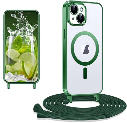 CaseLover Magnetic iPhone 13 Case with Strap, Transparent Silicone Necklace Case with Removable Cord, Shockproof Bumper, MagSafe Compatible, Green