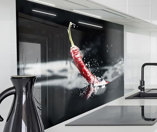 timalo Spritzschutz Wand für Herd, Küche Küchenrückwand Glasoptik | Acryl Glas 2mm | Glasrückwand Acrylglas Wandpaneele Rückwandschutz Platte | 80x50cm Paprika Chili im Wasser