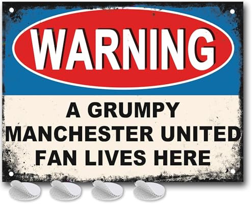 Manchester United Gifts for Men - or Boys Funny Man UTD Football Grumpy MUFC Fan Lives Here Metal Sign, Mens Metal Poster for Dads FC Man Cave or Home Bar Signs