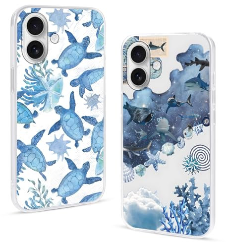 Phoona 2 packs Phone Case for iPhone 16 6,1'', Turtle Shark Print with Cute Aesthetic Design Pattern Clear Transparent Cover, Soft Shockproof Protective Bumper Slim Funda for Women Girls