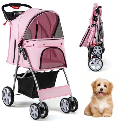 SOARS Hundebuggy, Hundewagen bis 15kg klappbar, Katzenwagen mit Netzfenstern & Getränkehalter & Aufbewahrungskorb, Haustier-Kinderwagen für kleine Haustiere (Rosa)