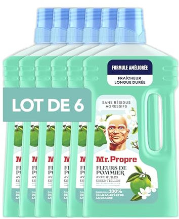 Mr. Propre Nettoyant Liquide Sol Multi-Usages Avec Parfum Fleurs De Pommier 6 x 1L. Jusqu’à 100% Sans Traces. Fraîcheur Longue Durée