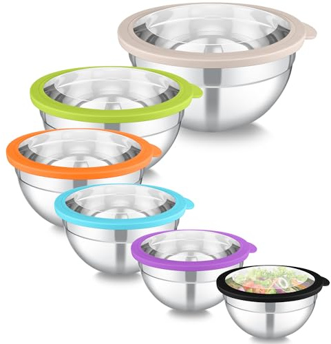 Homikit Rührschüssel 6er Set, Edelstahl Schüssel Set mit Deckel, Bunt | Salatschüssel Schüsselset zum Servieren Kochen Backen, 4,5L, 2,8L, 2,5L, 1,6L, 1,2L, 0,7L, Stapelbar Spülmaschinenfest