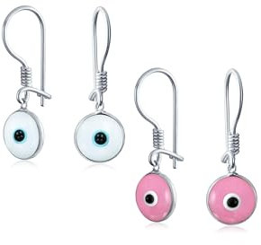 Set di due orecchini pendenti rotondi con occhio di nazar rosa e bianco per protezione spirituale per donne e adolescenti in vetro di Murano, argento sterling .925, realizzati in Turchia.