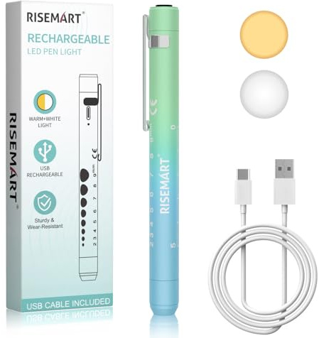 RISEMART Pupillenleuchte Diagnostikleuchte, Wiederaufladbare LED Pupillenleuchte mit USB-Kabel, Warmes/Kühles Weiß (Farbverlauf blau grün)