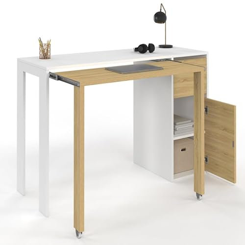 IDMarket - Bureau Extensible Ron avec Colonne de Rangement tiroir et Placard Blanc et Bois