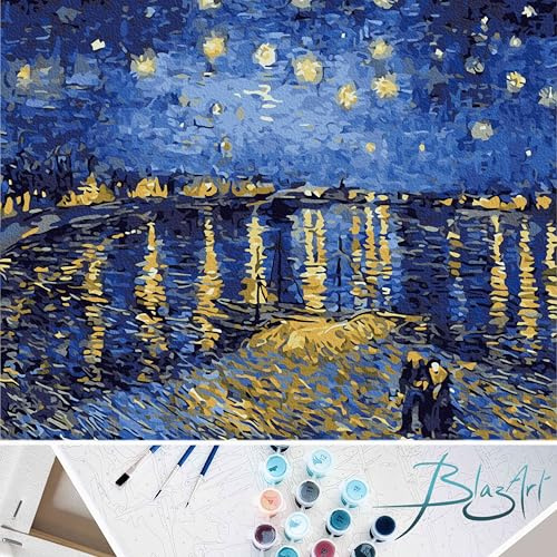 BlazArt Peinture par numéro adulte - Artiste - kit complet DIY débutant | Prêt à accrocher 40x50 cm | Toile tendue, 3 pinceaux, peinture, accroches et chevalet DIY (Nuit Étoilée sur le Rhône)