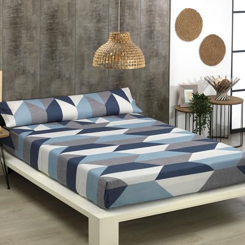 Sábanas 150x190 150x200 - Juego de Sábanas 3 Piezas Estampadas - Microfibra Suave y Transpirable - Sábana Bajera Ajustable, Encimera y Funda Almohada - Ropa de Cama Estampada Moderna (Trapecios)
