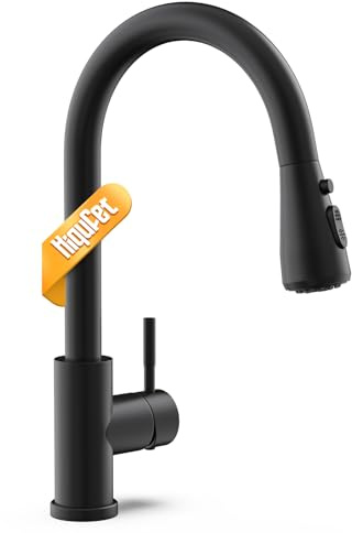 Hiqufet Kitchen Tap, Kitchen Mixer Taps with Pull Down Sprayer, Stainless Steel High Arc Single Handle Kitchen Sink Tap for Pot Filler, Matte Black