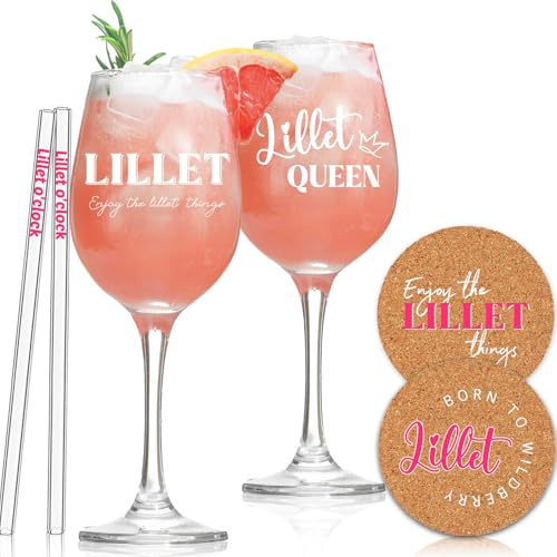 2er Set Lillet Gläser Geschenkset - Wildberry Spritz Gläser | Glasstrohhalme | Korkuntersetzer, Cocktail Glas, Tolles Geschenk für Lillet-Fan