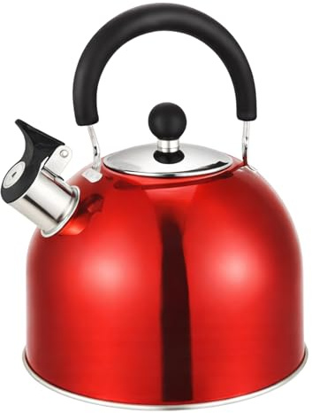 Prima Kitchenware Stainless Steel Whistling Kettle 2.5 Litre – Red Polished Finish, Phenolic Cool Touch Handle, Whistle Spout, Gas/Electric/Hob Compatible, Durable Tea Kettle for Home Kitchen