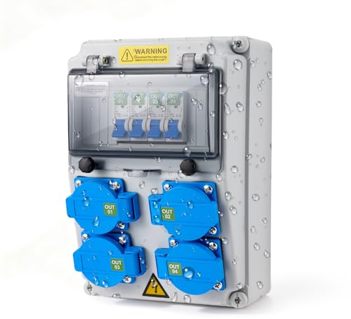 Distributore di corrente per cantiere 16A IP67, quadro elettrico a parete con 4 prese, scatola di distribuzione elettrica 230V, distributore di corrente per cantiere all'aperto, distributore di