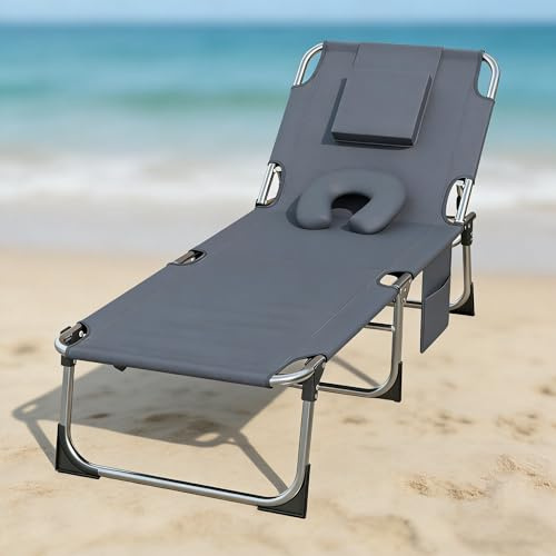 Ferzone Sonnenliege Liegestuhl Klappbar 190x63x30cm, Gartenstühle Camping 150kg Belastbar, Leichte Gartenliege mit Verstellbarer Rückenlehne Nackenkissen, für Garten Outdoor Terrasse, Dunkelgrau
