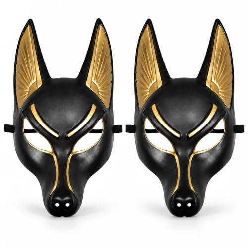 2er-Set Anubis Maske Halloween, Ägyptische Cosplay Prop aus Kunststoff | Ägyptisches Schakalgott Kostümzubehör für Erwachsene, Schwarze Maskenball Maske für Karneval & Vintage Mottopartys