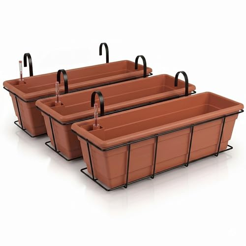 Plastard selbstwässernd Blumenkasten 80 cm 3er Set Terrakotta Pflanzkasten | robuste Metallkorb - Witterungs- UV- & frostbeständig Pflanzkübel für Balkon, Garten & Terrasse mit Wasserstandsanzeiger