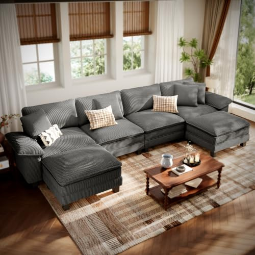 PHI VILLA Ecksofa-Set U-Form Couch 6-Sitzer-Sofa mit tiefer Sitzfläche 400 cm Modulare Sofas inklusive Zierkissen und beweglicher Ottomane für das Wohnzimmer Cordstoff Grau