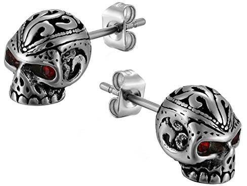 JewelryWe Schmuck Herren-Ohrringe, Gotik Totenkopf Schädel Ohrstecker, Zirkonia Diamant Edelstahl, Rot Silber