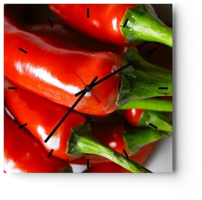 Modern Wanduhr Gemüse würzig Chili 30x30cm Quadrat Klein Wand Uhr Glas Analog Zimmeruhren Küche Büro Wohnzimmer Glasuhr Wall Clock Dekoration Design Wanddekoration Küchenuhr C3AC30x30-1135