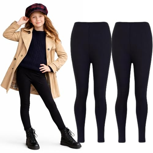 Panzy® 2 Pack Girls Kids Children Plain Stretchy 95% Cotton Leggings Ages 7 to 13 (9/10 yrs, Black)