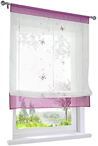 1 Stück Raffrollo mit Schmetterling Stickerei Raffgardine Transparent Voile Tunnelzug Vorhang (BxH 80x120cm, Beere)