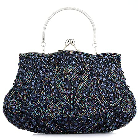 Collection Antique Floral Seed Bead Sequin Soft Clutch Evening Bag Designer Purse Large Clutch Handbag (Blue)